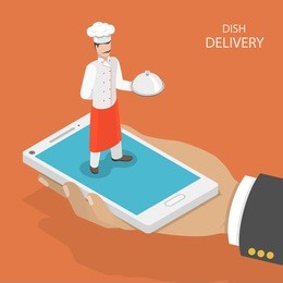 dish fast delivery flat isometric vector concept.  mans hand takes a mobile phone with chef on it, that holds the dish on his hand. food delivery service.