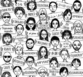 seamless pattern of a group of hand drawn people holding "thank you" signs in different languages