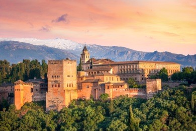 ancient arabic fortress alhambra at the beautiful evening time, granada, spain, european travel landmark