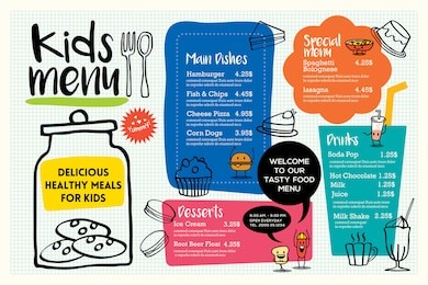 cute colorful kids meal menu placemat design vector template