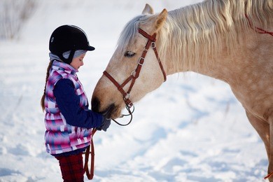 little girl with horse outdoor in winter