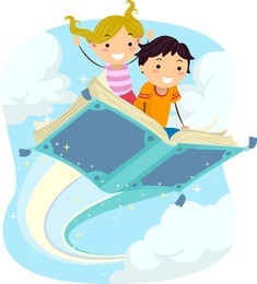 stickman illustration of kids riding a magical flying book