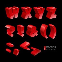 red shiny 3d solid bold font w-z letters and punctuation marks isolated on black background. rgb eps 10 vector illustration