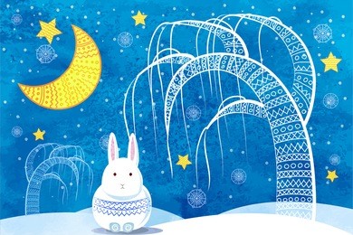 white rabbit on a background of decorative winter landscape