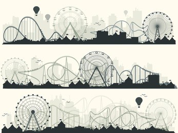 vector illustration. ferris wheel. carnival. funfair background. circus park.  skyscrapers with roller coast.