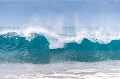 powerful wave breaks along the shore
