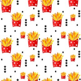 fast food seamless pattern. geometric background with takeaway french fries in red box