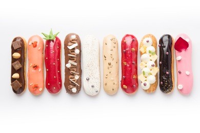 group of french dessert eclair on white background