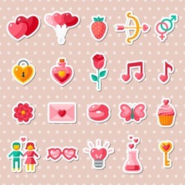 valentine's day icons elements collection. vector illustration. love concept stickers. cupid bow, gender sign, couple, sweet cupcake, love letter, love poison.