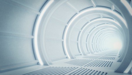 futuristic tunnel of steel and metal, interior view. futuristic background, business concept