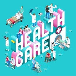 health clinic care concept. day hospital staff doctor nurse patient treatment isometric hero people icon. medical worker diagnostic emergency surgery vector healthcare medicine infographic images