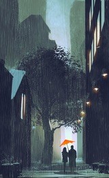 couple with red umbrella walking in raining street at night,illustration painting