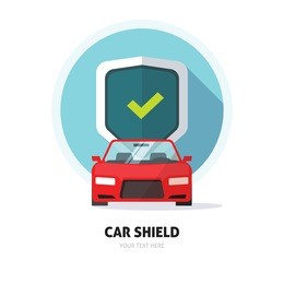 car guard shield sign, collision insurance shop store logo emblem auto tuning service red sport car front view, protection, driver flat security system badge. theft modern design label illustration.