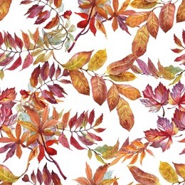 watercolor seamless pattern on white background with autumn leaves