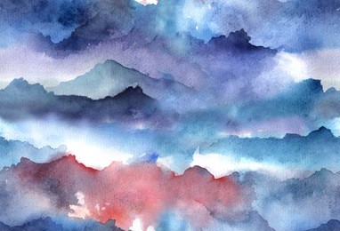 hand painted watercolor bright seamless pattern with abstract mountains, clouds.