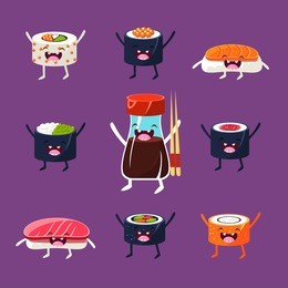 fun sushi and sashimi. japanese food with cute faces, happy. vector illustration set