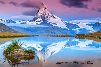 stunning sunrise panorama with matterhorn and beautiful alpine lake,stellisee,valais region,switzerland,europe