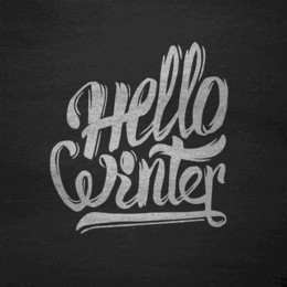 hello winter calligraphic text on black chalkboard vector background. retro greeting card or banner design template with hand drawn typography 