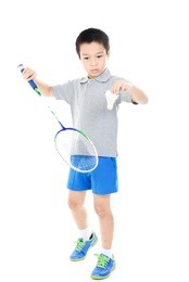 young asian boy play badminton on white background