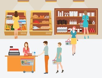 people in supermarket grocery store with shopping baskets for  line up to pay for shopping isolated vector illustration.