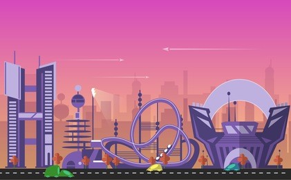 website hero image in flat design style for web development purposes. busy urban cityscape template with modern buildings, roads, futuristic traffic and park trees.