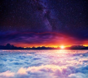fantastic foggy landscape in the morning at the foot of mt. ushba. dramatic evening scene. location mestia, upper svaneti, georgia, europe. high caucasus ridge. astrophotography. beauty world.