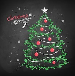 color chalk vector sketch of christmas tree decorated with balls, garlands and star on black chalkboard background. 