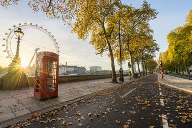 red telephone box and autumn leaves at sunrise. fall in london, england 