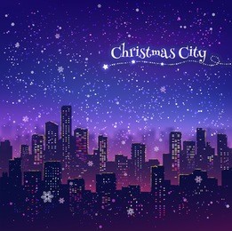 night cityscape christmas background with falling snow, and lights.