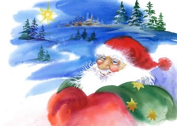merry christmas and new year card with santa claus, watercolor illustration