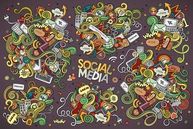 colorful vector hand drawn doodle cartoon set of objects and symbols on the social media theme