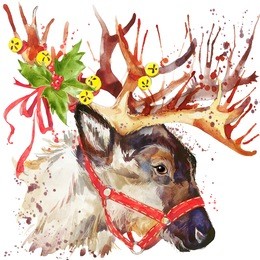watercolor christmas reindeer. t-shirt graphics. watercolor winter holidays background. illustration. holiday design. watercolor reindeer for fashion print, poster for textiles, fashion design