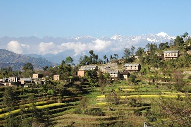 the town of nagarkot with the central himalayas beyond near kathmandu, nepal