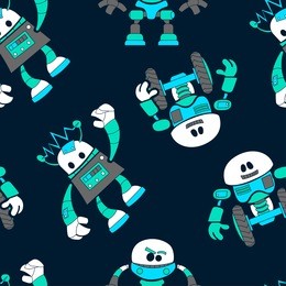 cute robots in a seamless pattern on navy background .