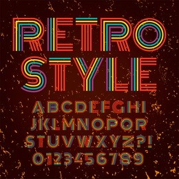 old style alphabet. retro type font disco, vintage typography poster with sunbeams textured background vector, eps10. colorful palette