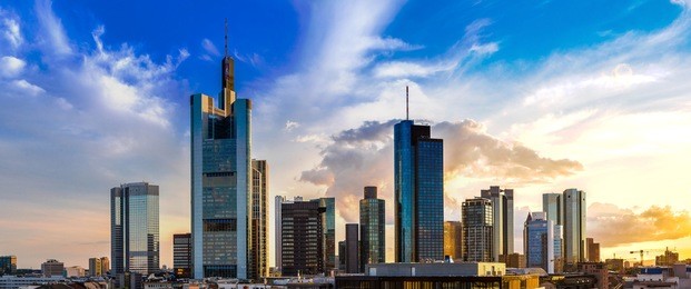 summer panorama of the financial district in frankfurt, germany in a summer day