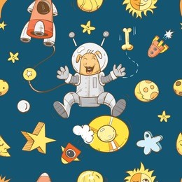 space vector seamless pattern with cartoon dogs astronauts, rockets, stars and planets on  blue background.