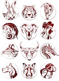 chinese zodiac signs as ink sketches in circle badges