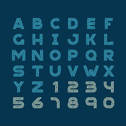 maze tech letters linear style font. construction design latin alphabet with numbers.