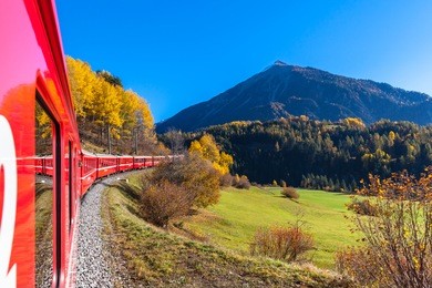 travel with train of rhaetian railway in golden autumn through the line of glacier express in engadin, canton of grisons, switzerland.