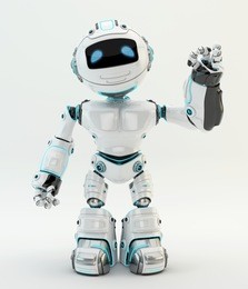 white robotic character showing ok sign