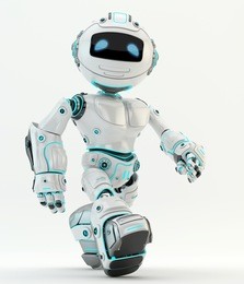 robot walking. whiteÂ Â plastic material with blueÂ illumination