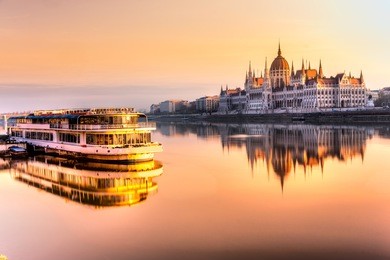 view of budapest parliament at sunrise, hungary