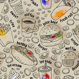 hand drawn fast food doodle seamless pattern. black and white ink illustration with colorful paint splashes. hot dog, burger, fries, soda, coffee and dessert for menu and web design.