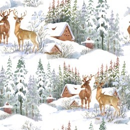 watercolor winter landscape with deers, seamless pattern