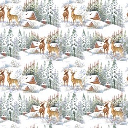 watercolor winter landscape with deers, seamless pattern