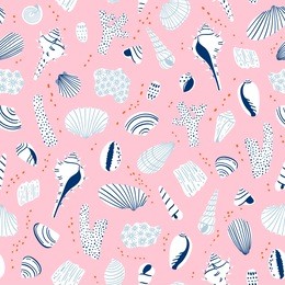shells illustration seamless pattern pink background