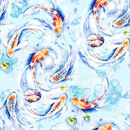 golden koi fish watercolor seamless pattern. beautiful hand drawn texture. romantic background for web pages, wedding invitations, textile, wallpaper.