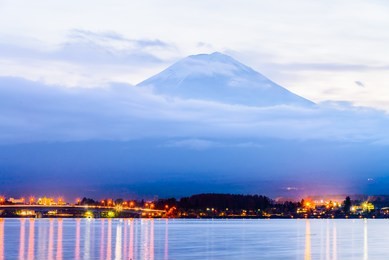 beautiful mountain fuji in lake kawaguchiko at twilight times in japan