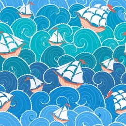 nautical seamless pattern. ships and waves background. cartoon sea pattern.